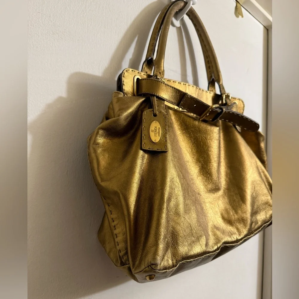 Fendi Gold Leather Selleria Villa‎ Borghese Satchel Shoulder Bag